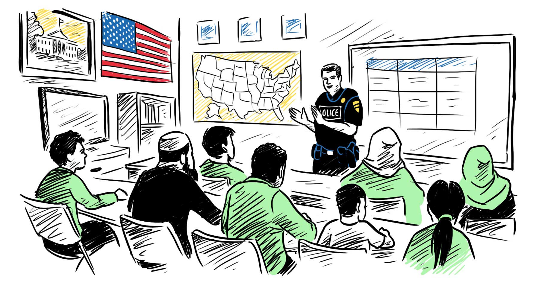 Drawn image of a police officer talking to a class of refugees